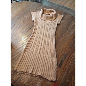 Medium Body Central Tan Short Sleeve Turtleneck Knitted Sweater Dress w Buttons